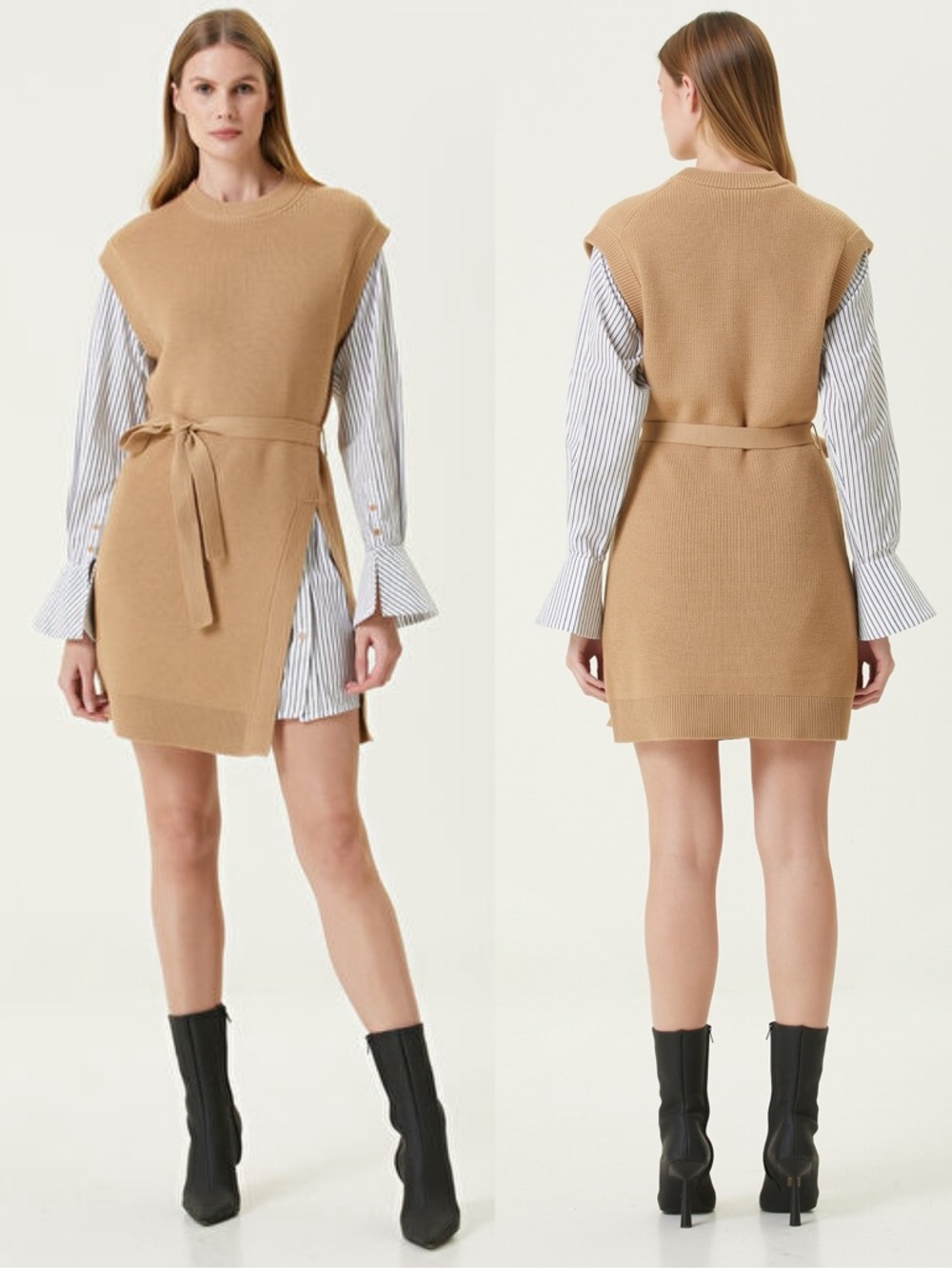 SIMKHAI Shai Combo Knit Belted Crewneck Mini Dress Camel NEW with tag